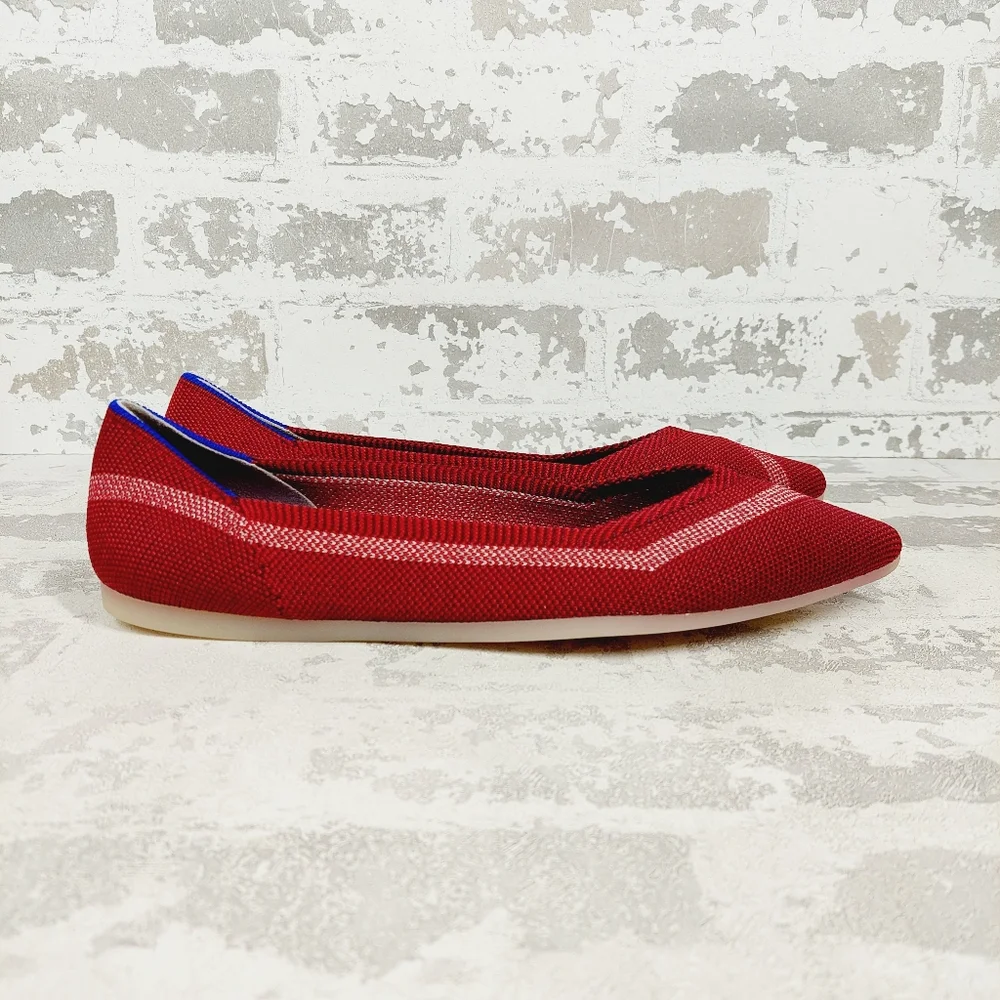 Rothy's Red Pointed Toe Knit Flats with Blue Trim
